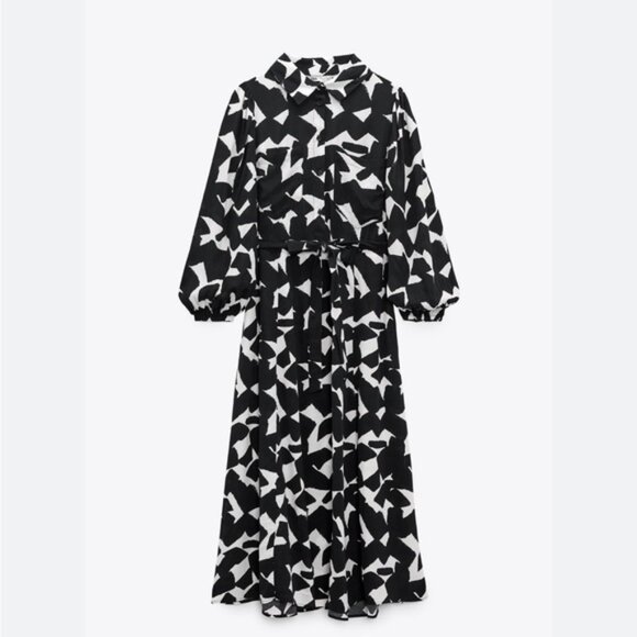 Zara Medium M Black white Patterned Shirt Dress Midi Maxi Dress 6 - Picture 4 of 8